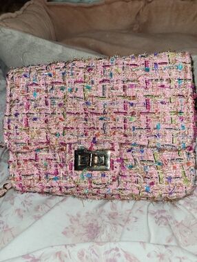 Pink Tweed Crossbody Bag with Gold-Tone Turn Lock